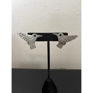 Vintage JJ Jonette Pewter Hummingbird Stud Earrings 1988